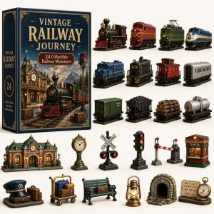 Kalendarz adwentowy Kolejowy 24 Miniatury Pociągów i Akcesoriów Vintage kolekcja świąteczna